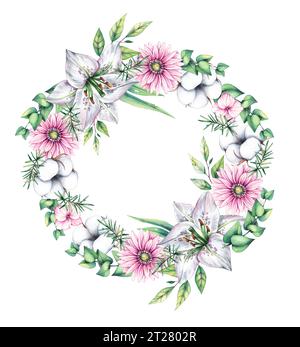 Aquarellkranz mit Blumen. Blumenkränze auf weiß. Handgezeichnete Lilie, Baumwolle, Gerbera Blumen isoliert. Kompositionen mit Blumen für Karten, Invit Stockfoto