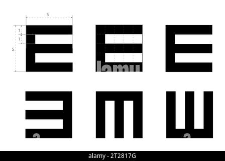 E-Diagramm Auge Test Diagramm Schema Tumbling medizinische Illustration. Linie Vektor Skizzenstil Umriss isoliert auf weißem Hintergrund. Sehprüfungsplatine Optometrist visuelle Untersuchung der optischen Brille Stock Vektor