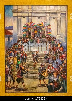 Guatemala, La Antigua - 20. Juli 2023: Finca La Azotea Museen. Malen. Die Prozession kommt die Treppe der Kirche runter. Bunt gekleidete Leute mit Stockfoto