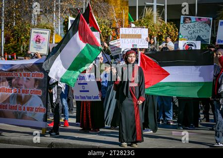 Palästinensische Demonstranten verurteilen Gewalt und Ungerechtigkeiten gegen palästinensische Menschen in Gaza, Downtown .Calgary, Alberta, Kanada Stockfoto