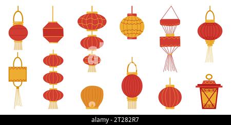 Chinesische Windlichter Set. Design-Poster, Banner, Flyer. Chinesisches Neujahr. Vektorabbildung. Stock Vektor