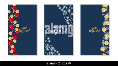 Hintergrund in sozialen Netzwerken Geschichten Winterthema. Rahmen weihnachtliche Kugeln. Vertikale Hintergrundvorlage. Insta-Elemente der Natur in Blau- und Dunkelblau-Tönen. Vektorabbildung. Stock Vektor
