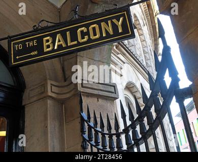 Leeds Corn Exchange Balkoneingangsschild, in Schwarz und Gold, Call ln, Leeds, West Yorkshire, England, GB, LS1 7BR Stockfoto