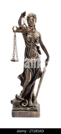 Die Statue von Lady Justice, isoliert auf Weiß. Symbol für faire Behandlung nach dem Gesetz Stockfoto