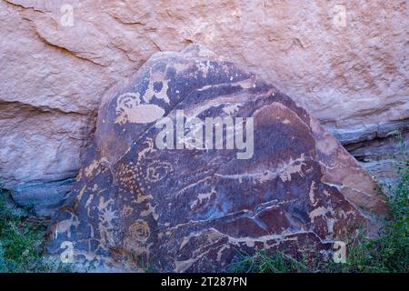Petroglyph befindet sich im Nine Mile Canyon, der weltweit größten Kunstgalerie im Freien, West Tavaputs Plateau, in der Nähe von Price, Utah, USA. Stockfoto