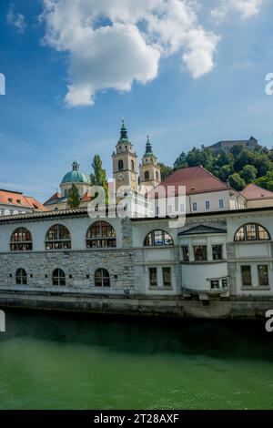 Blick auf den alten zentralen Markt entlang des Flusses Ljubljanica und die Kathedrale von Ljubjana im alten Ljubljana, Slowenien. Stockfoto