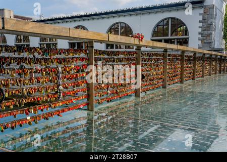 Liebhaber haben ihre Liebe symbolisch auf der Metzgerbrücke (Liebesbrücke), einer Fußgängerbrücke über den Fluss Ljubljanica in Ljubljana, der Capi, gesichert Stockfoto