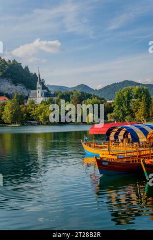 Blick auf den Bleder See mit angedockten Pletna-Booten, traditionellen Booten, die von den Einheimischen von Bled handgefertigt wurden, und die Kirche St. Martin, in Bled, Slowenische Alpen, SL Stockfoto