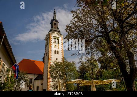Die Wallfahrtskirche Marias Himmelfahrt auf der Insel Bled mitten im Bleder See, Slowenische Alpen, Slowenien. Stockfoto