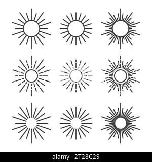 Satz von Strichgrafik Sunburst-Symbole umreißen Sonnenvektor-Illustration Stock Vektor
