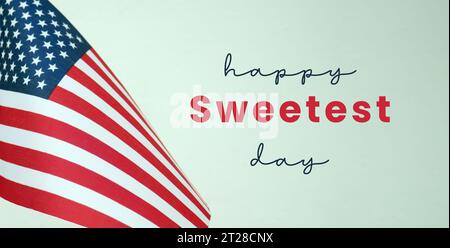 Happy Sweetest Day mit Liebe und Amerika-Flagge. Stockfoto