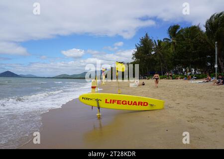 Surfbrett und Flaggen am Strand in Palm Cove, queensland, australien Stockfoto