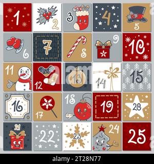 Niedlicher Adventskalender. 25 Fenster mit Zahlen. Schneemann, Weihnachtsgeschenk, heiße Schokoladentasse, Süßigkeiten, Geschenke, Zuckerrohr. Niedlicher alter Retro-Cartoon-Stil Stock Vektor