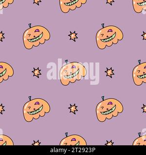 Nahtloses Muster mit Halloween-Kürbissen. Jack orange Laterne mit geschnitzten Gesichtern in Doodle Stock Vektor