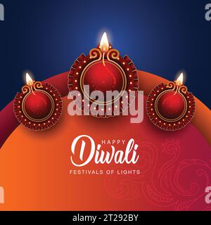 Happy Diwali Feier Hintergrund. Draufsicht auf Banner-Design mit beleuchteten Öllampen auf gemusterten dunklen Hintergrund dekoriert. vektor-Illustration Stock Vektor