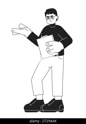 Brille asiatischer Mann liest Dokumente schwarz-weiß 2D-Zeichentrickfigur Stock Vektor