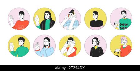 Casual asians 2D Linear Vektor Avatare Illustrationsset Stock Vektor