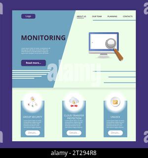 Website-Vorlage für flache Landing-Page überwachen. Gruppensicherheit, Cloud-Transfer-Schutz, Entsperren. Webbanner mit Kopf-, Inhalt- und Fußzeile. Vektor Stock Vektor