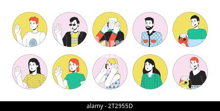 Blauer junger Erwachsener 2D-Linearvektor-Avatare-Illustrationsset Stock Vektor