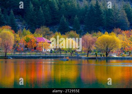 Fotos der Frühlingslandschaft von bunten Bäumen und Bergen im Hintergrund Stockfoto