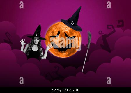 Zusammengesetzte kreative abstrakte Fotocollage der gruseligen Hexenjagd in violettem Nebel in der halloween-Nacht isoliert auf violettem Hintergrund Stockfoto