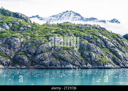 Felsiges Ufer auf der Nordseite des Johns Hopkings Inlet in der Nähe von Jaw Point, Glacier Bay National Park and Preserve, Alaska, USA. Stockfoto