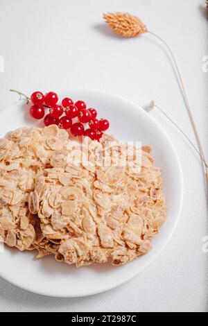 Vollkornkekse mit einem Zweig roter Johannisbeeren in einer kleinen weißen Platte, Seitenansicht Stockfoto