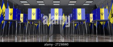 Barbados - Wahlkabinen und Nationalflaggen im Wahllokal - Wahlkonzept - 3D-Illustration Stockfoto