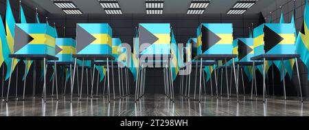 Bahamas - Wahlkabinen und Nationalflaggen im Wahllokal - Wahlkonzept - 3D-Illustration Stockfoto