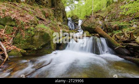 Wasserfall am Bach zwischen Felsen. Naturlandschaft in karpaten Stockfoto