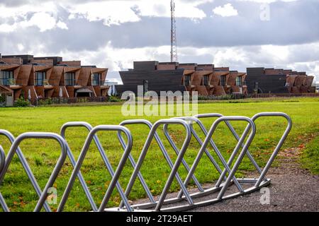 Doppelhaushälften aus Holz neben grünem Gras und einem Radlader aus Metall im Vordergrund Stockfoto