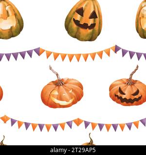 Nahtloses Halloween-Muster mit hellen Kürbissen mit geschnitzten Gesichtern. Orangefarbene und violette Festflaggen Girlanden. Klassische Urlaubselemente in A Stockfoto