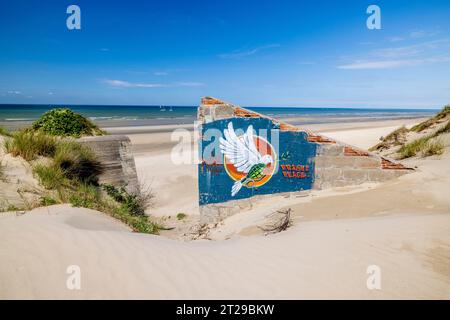 Zerstörte Bunker in den Dünen von Dünkirchen, Nordsee, Hauts-de France, Frankreich Stockfoto