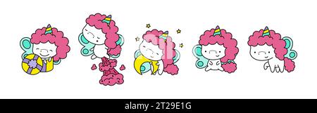 Set von Cartoon isoliertem Einhorn. Set aus niedlichem Kawaii-Einhorn im lustigen Cartoon-Stil. Stock Vektor