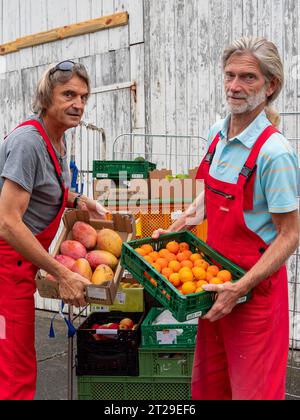 Lieferung im Bio-Handel, Männer Entladewagen vor dem Lager, Bio-Obstkisten mit Mandarinen und Mangos, Versorgung Einzelhandel, Deutschland Stockfoto