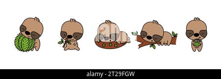 Set von Cartoon isolierter Sloth. Set aus niedlichem Kawaii Sloth im lustigen Cartoon-Stil. Stock Vektor