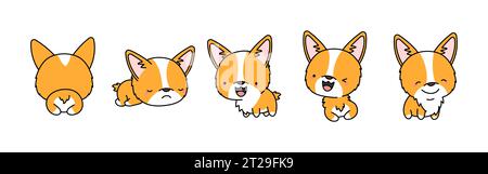Set von Cartoon isoliert Welsh Corgi. Set aus niedlichem Kawaii Corgi im lustigen Cartoon-Stil. Stock Vektor