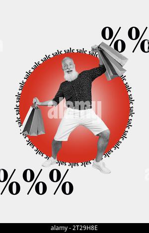 Ganzkörper-Foto-Collage des Großvaters, der Pakete hält, bringt Papierpakete überglücklich auf Verkauf isoliert über rotem Hintergrund Stockfoto