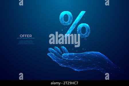 Abstraktes Symbol für Hand- und Angebotsrabatte. Prozentuales blaues Hologramm Stock Vektor