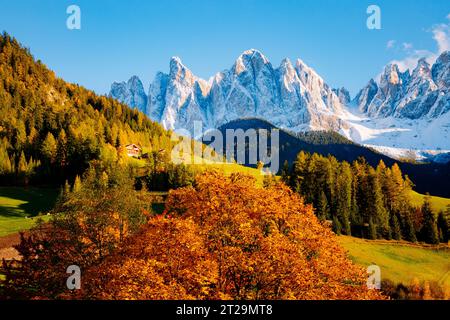 Magisches Bild der sonnigen Hügel im Dorf Santa Magdalena. Friedliche ländliche Szene. Lage berühmter Place Funes Valley, Geißler Gruppe, Dolomiti Alps. Bozen PR Stockfoto