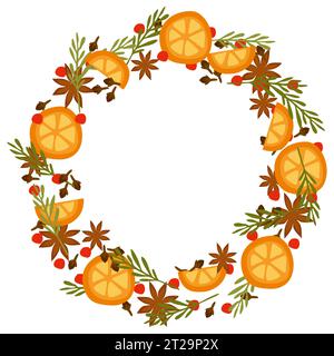 Glühweinkranz in Aquarellfarben. Gewürze und Orangen. Vector Flat Cartoon Illustration isoliert auf weiß. Anisstern, Orange, Nelke, Grüne Äste und R Stock Vektor