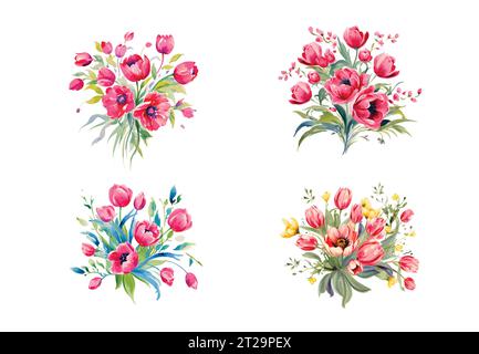 Aquarell Wildblumen Blumensträuße Set, isoliert. Abstrakte Frühlingsblumen, Gras, Blattzweige, Blumenblätter im minimalen Stil. Stock Vektor