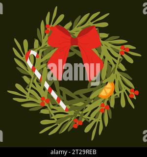 Weihnachtskranz flache Art Vektor-Illustration. Isoliertes Holiday Design-Element mit Tanne, Schleife, Zuckerrohr, Orange und Rote Beeren. Saison Stock Vektor