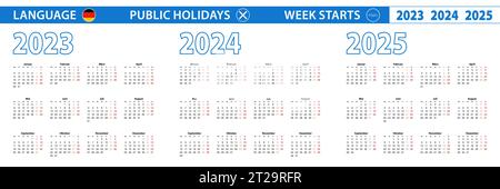 Einfache Kalendervorlage auf Deutsch für 2023, 2024, 2025 Jahre. Die Woche beginnt am Montag. Vektorabbildung. Stock Vektor