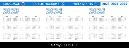 Einfache Kalendervorlage auf Slowenisch für 2023, 2024, 2025 Jahre. Die Woche beginnt am Montag. Vektorabbildung. Stock Vektor