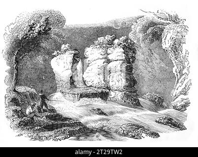 Hugh Lloyd's Kanzel, eine natürliche Felsformation in der Mitte eines Flusses, Ffestiniog, Nordwales. Black-and-White-Illustration aus dem „Old England“, veröffentlicht von James Sangster im Jahr 1860. Stockfoto