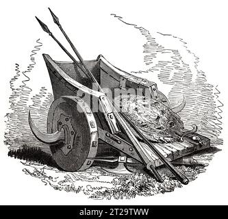 Antike Briten war Chariot, Shield and Spears; Schwarz-weiß-Illustration aus dem „Old England“, veröffentlicht von James Sangster im Jahr 1860. Stockfoto