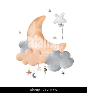 Aquarellillustration für Kinder mit dem Mond in den Wolken und Sternen. Ballon am Himmel. Perfekt für Drucke, Verpackungen, Poster, Kleidung, Postkarten Stockfoto