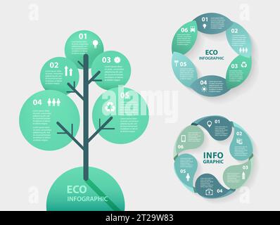 Infografik zur Natur des Vektorkreises. Baumvorlage für ECO-Diagramm, Diagramm, Präsentation und Diagramm. Ökologisches Konzept mit 5, 6 Optionen, Teilen, Schritten oder Stock Vektor