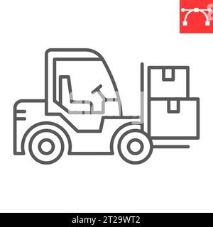 Gabelstaplerlinien-Symbol, Logistik und Transport, Gabelstaplervektorsymbol, Vektorgrafiken, bearbeitbares Strichumrisszeichen, eps 10. Stock Vektor
